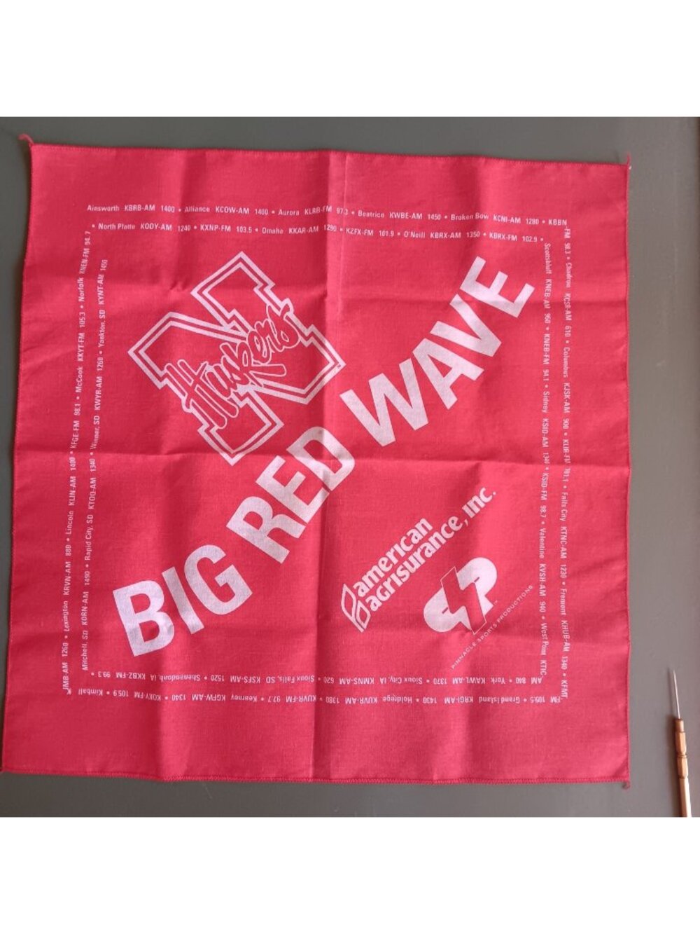 Big Red Huskers Handkerchief Wave Nebraska Bandana With Radio Stations 17x17"